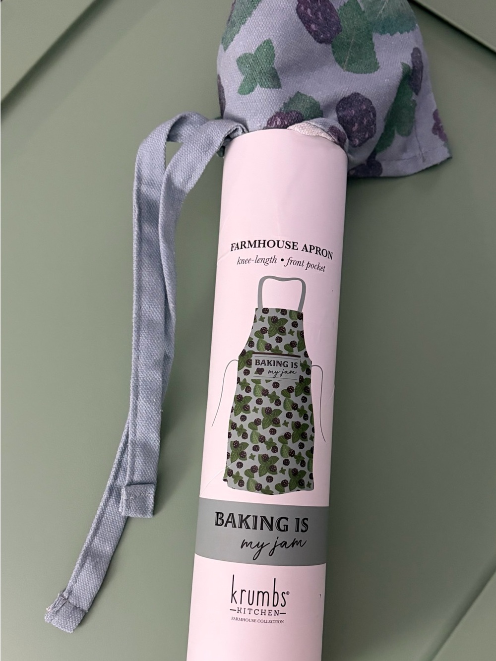 NWT Krumbs Kitchen Green Patterned Farmhouse Apron - Baking Is My Jam
